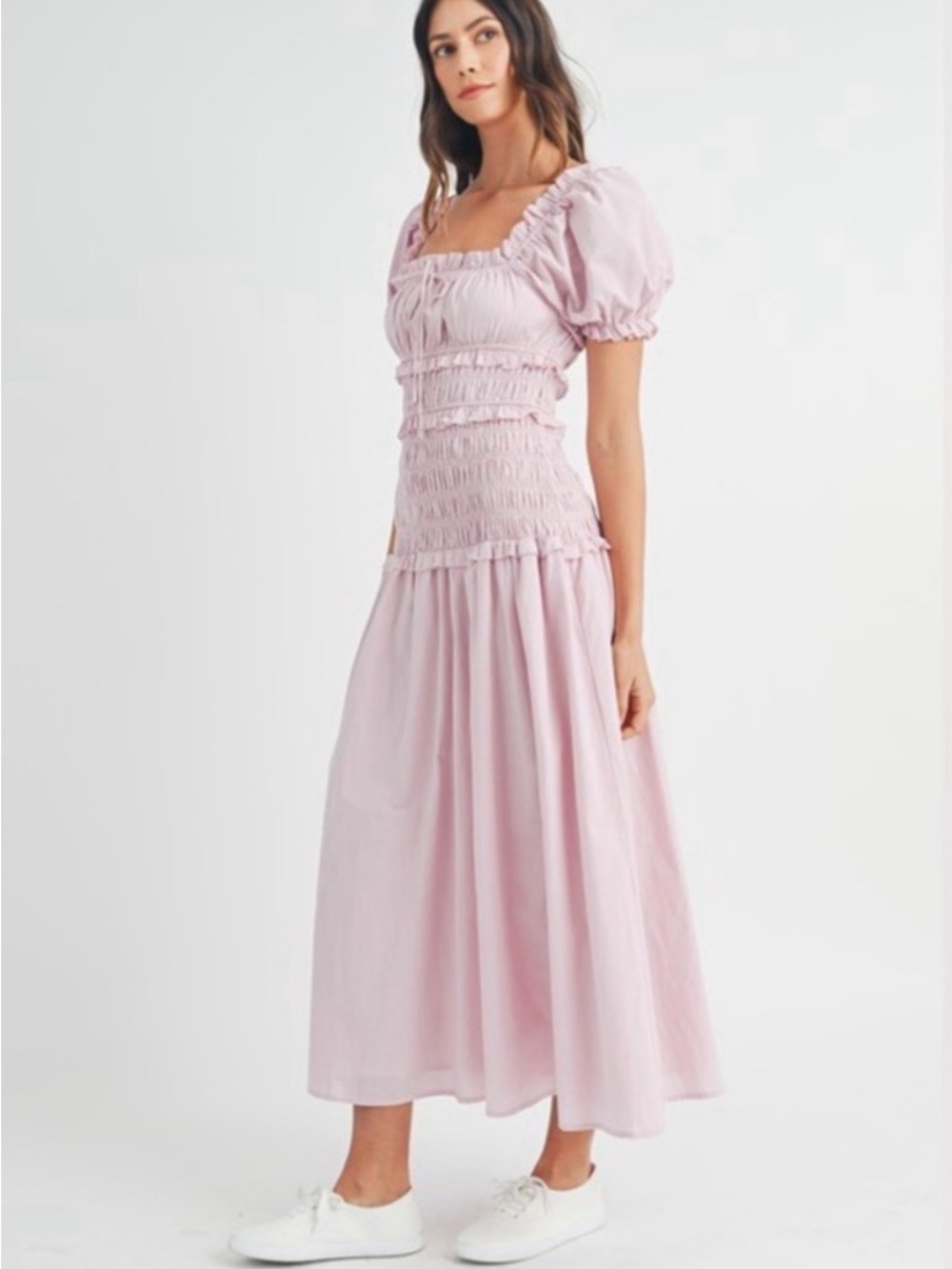 Smocked Puff-Sleeve Maxi Dress in Pale Pink from Mable